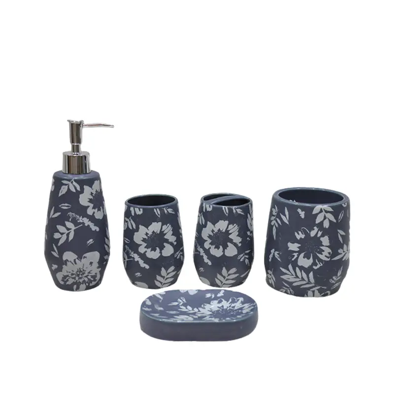 Smoky Gray & White Floral Stoneware Bathroom 5 - Piece Set