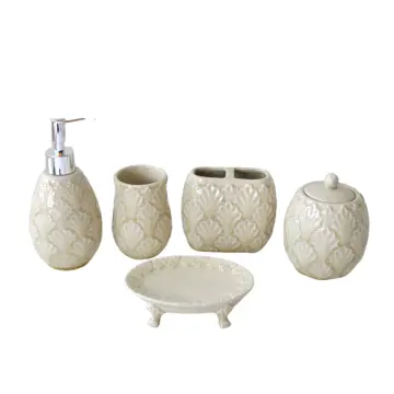 Pale Yellow Hand-Embossed Fan-Pattern Ceramic Bathroom 5-Piece Set