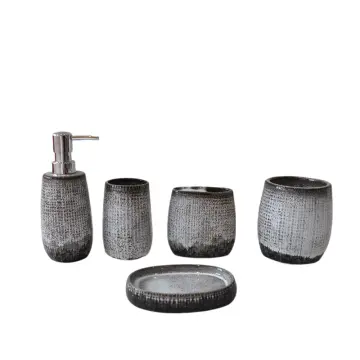 Gray-Black Gradient Fabric-Textured Ceramic Bathroom Accessory Set