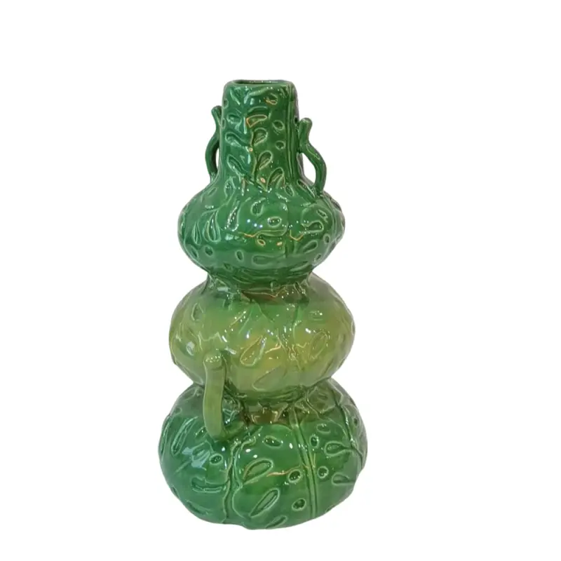 Artistic Gourd Shaped Embossed Gradient Green Glossy Vase