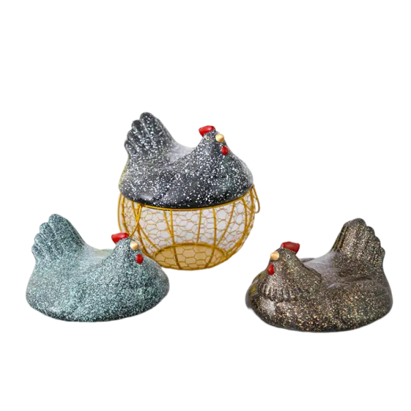 Glitter Ceramic Hen Lid Iron Wire Basket Storage Decor