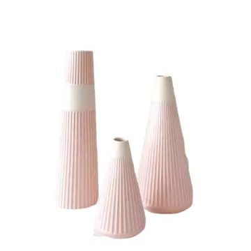 Pink and White Gradient Vertical Striped Stoneware Vase Set of 3