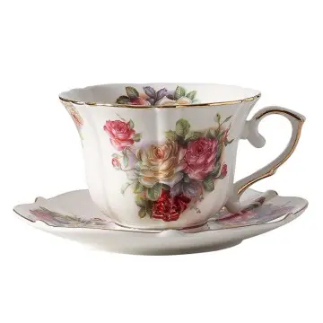 Vintage European Rose Floral Ceramic Teacup and Saucer Set