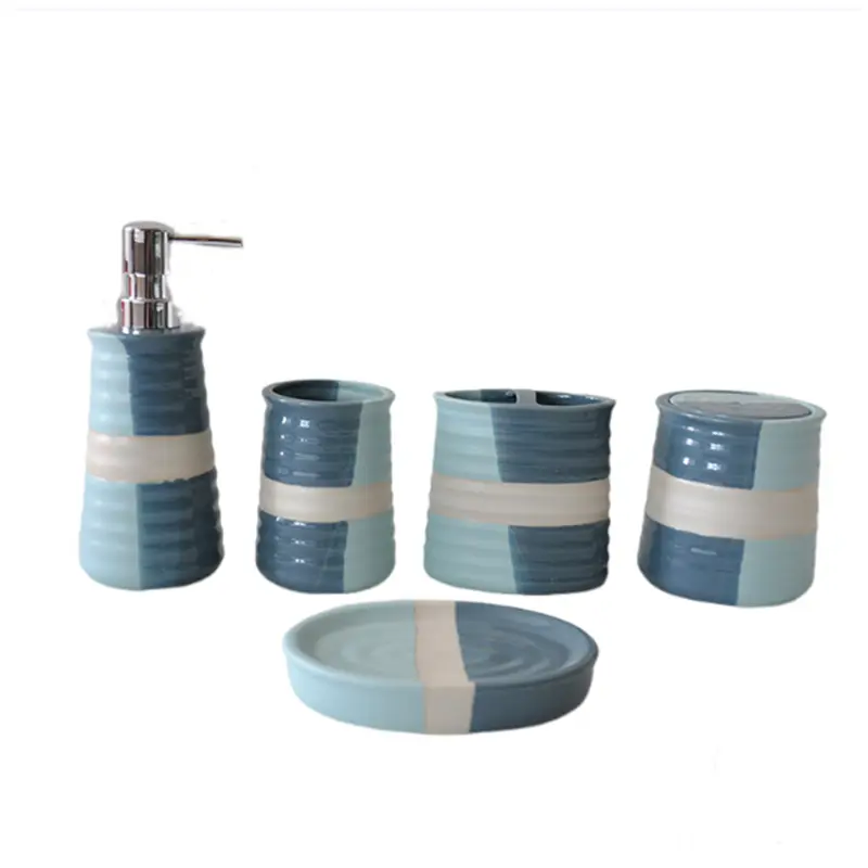 Blue & White Color - Blocked Ribbed - Texture Stoneware Bathroom 5 - Piece Set