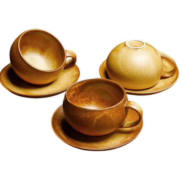 Vintage Brown-Yellow Ceramic Cup and Saucer Set