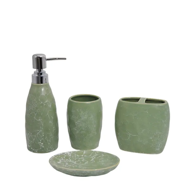 Matte Light Green Crackle Glaze Stoneware Bathroom 4 - Piece Set