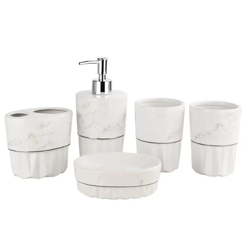 White Marble Effect Ceramic Bathroom 5-Piece Set